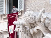 Pope Francis delivers a Regina Coeli address in the library of the Apostolic Palace.