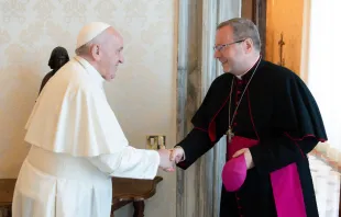 Bishop Georg Bätzing, chairman of the German bishops’ conference, meets with Pope Francis at the Vatican, June 24, 2021. Vatican Media.