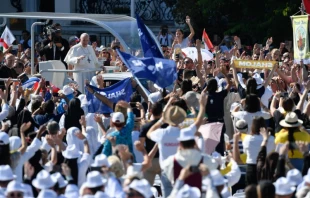 Pope Francis arrives at the International Eucharistic Congress in Budapest, Hungary on Sept. 12, 2021. Vatican Media
