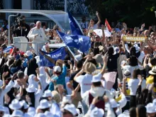 Pope Francis arrives at the International Eucharistic Congress in Budapest, Hungary on Sept. 12, 2021.