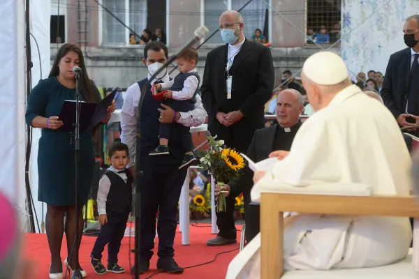 Nikola and René Harakaly, former residents of the Linuk IX district, and their two sons spoke to Pope Francis on Sept. 14, 2021. Vatican Media