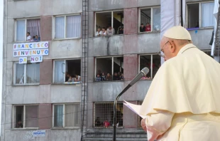 Pope Francis speaks to the Roma community in the Lunik IX district in Košice, Slovakia, on Sept. 14, 2021. Vatican Media