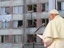 Pope Francis speaks to the Roma community in the Lunik IX district in Košice, Slovakia, on Sept. 14, 2021.