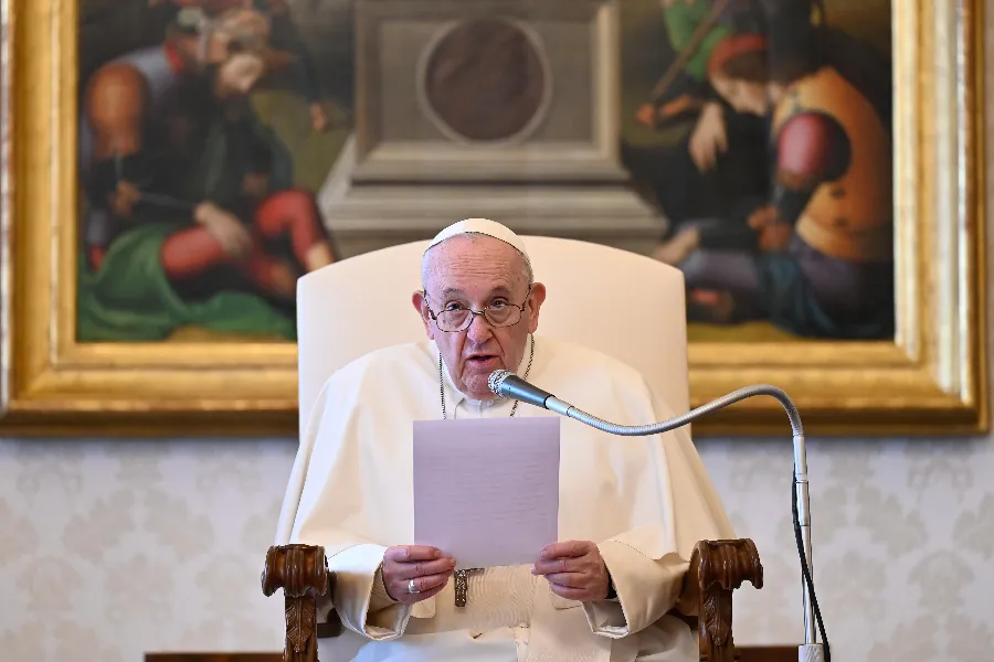 Pope Francis gives a general audience address in the library of the Apostolic Palace.?w=200&h=150