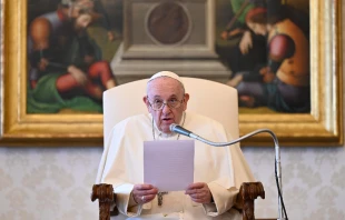Pope Francis at his general audience address in the library of the Apostolic Palace April 7, 2021. Vatican Media.