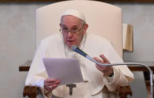 Pope Francis gives his general audience address in the library of the Apostolic Palace April 28, 2021. Vatican Media.