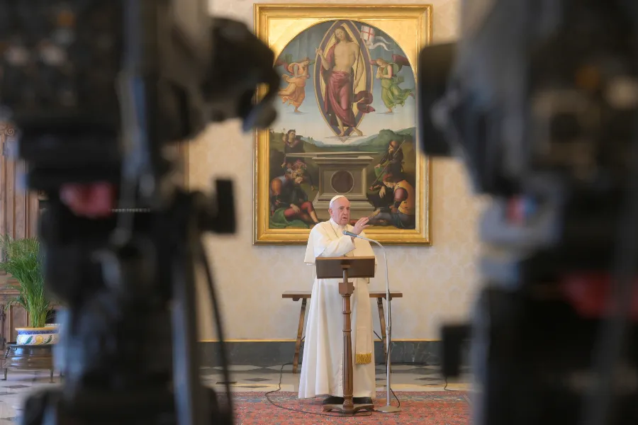 Pope Francis delivers a Regina Coeli address in the library of the Apostolic Palace.?w=200&h=150