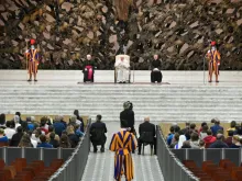 Pope Francis holds a general audience at the Paul VI Audience Hall at the Vatican, Oct 28, 2020.