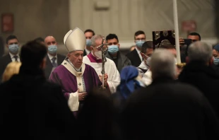 Bishop-elect Guido Marini walks beside Pope Francis on Ash Wednesday 2021 in St. Peter's Basilica Vatican Media