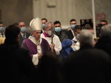 Bishop-elect Guido Marini walks beside Pope Francis on Ash Wednesday 2021 in St. Peter's Basilica