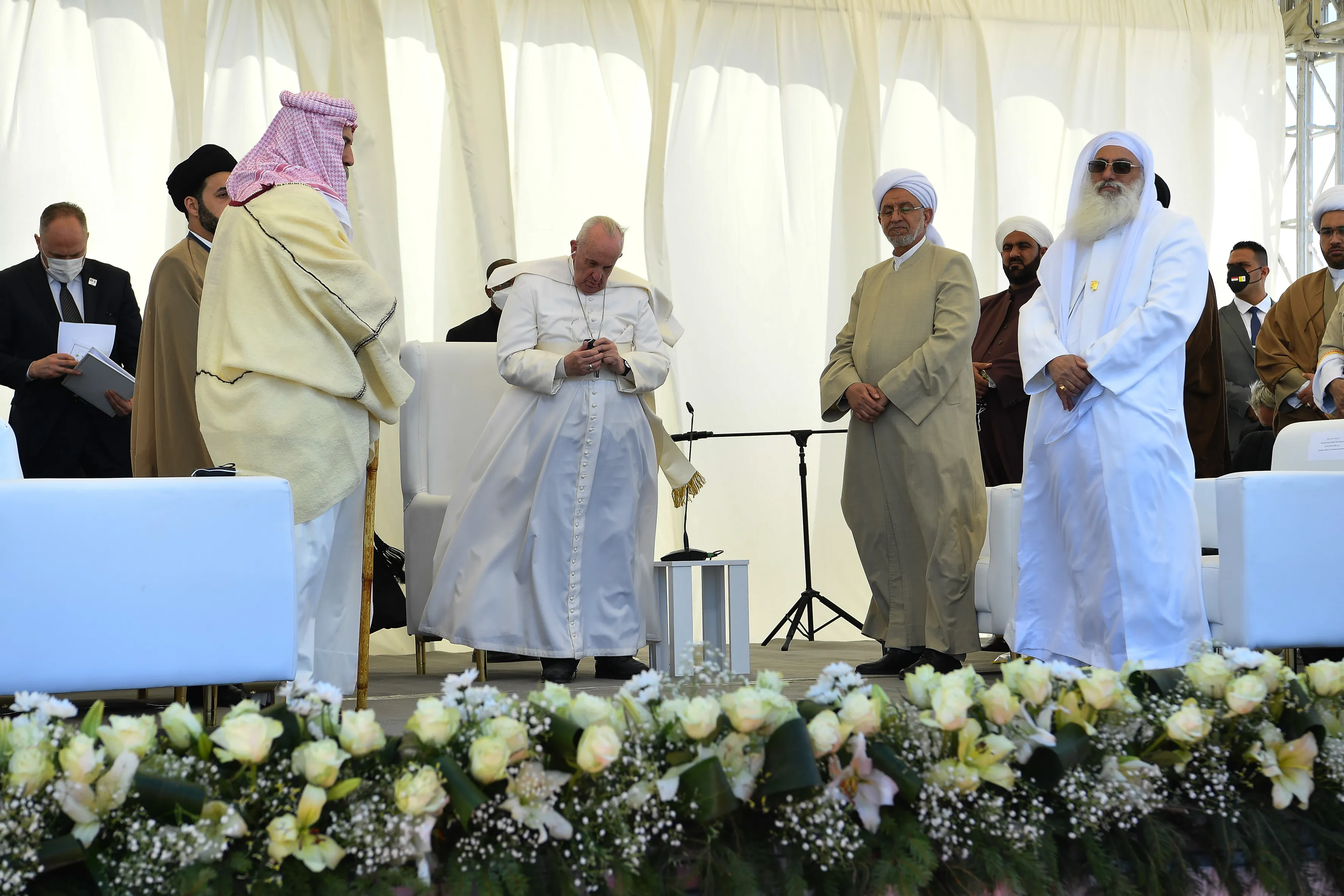 Pope Francis participates in an interreligious meeting at the site of Ur, outside Nasiriyah, Iraq, March 6, 2021.?w=200&h=150