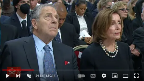 A screen capture of the Vatican Media livestream showing House Speaker Nancy Pelosi at a Mass in St. Peter's Basilica on June 29, 2022. 