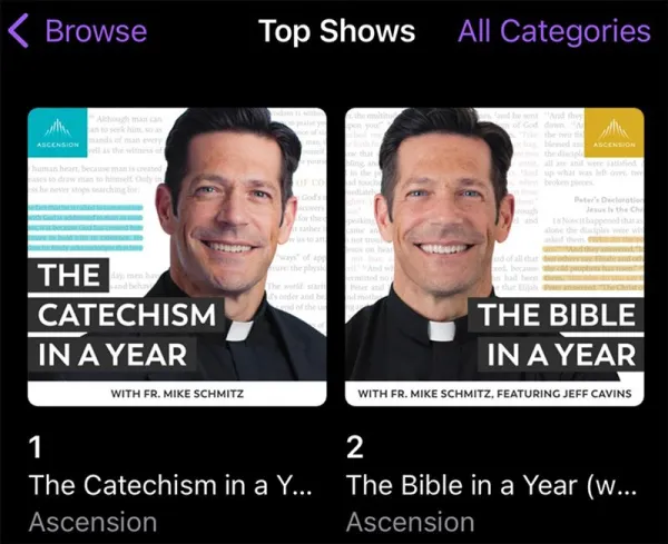 "The Catechism in a Year" and "The Bible in a Year" podcasts were in the No. 1 and No. 2 positions on Apple Podcasts as of the morning of Jan. 9, 2023. Jonah McKeown/Screenshot