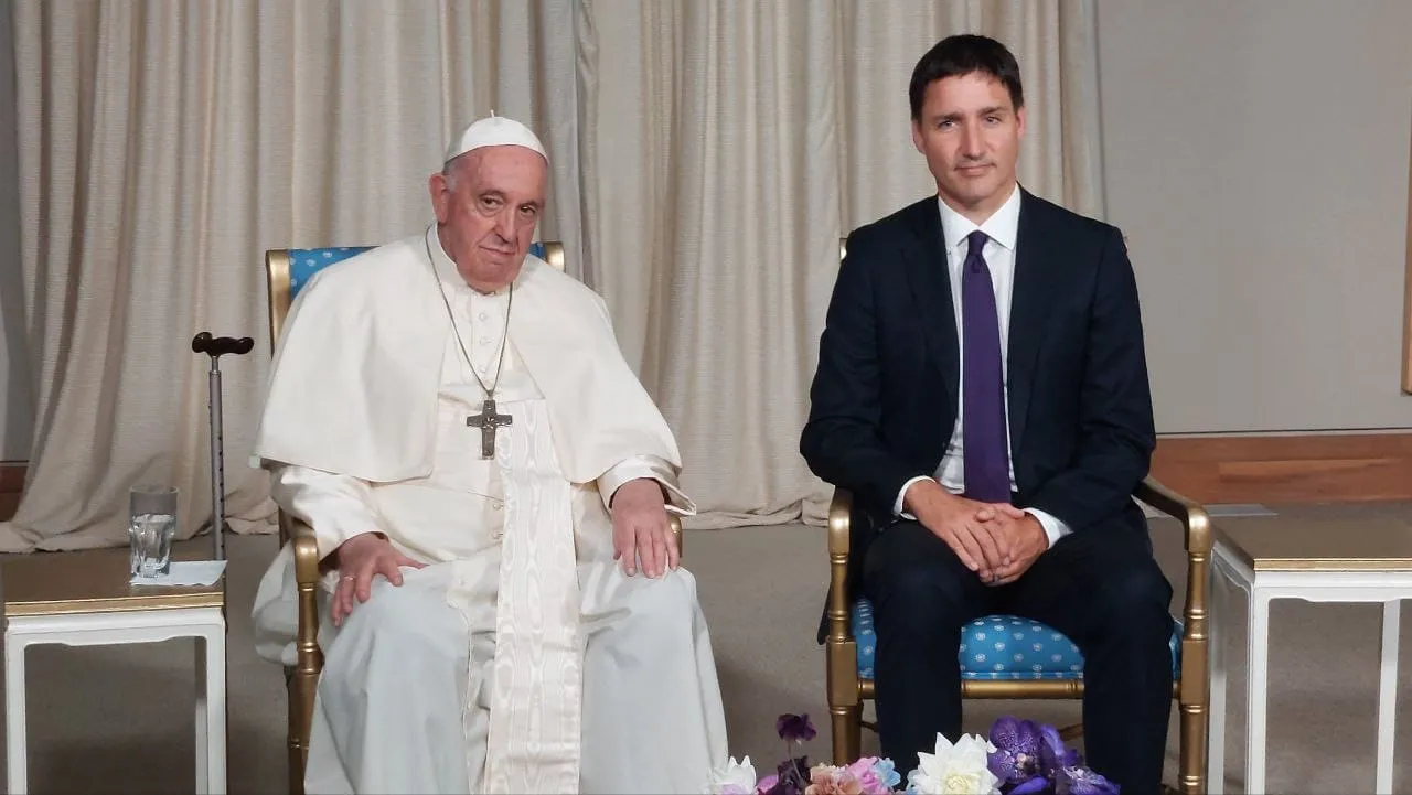 Pope Francis meets with Prime Minister Justin Trudeau in Québec, Canada, on July 27, 2022.?w=200&h=150