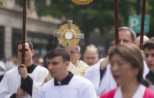 A few hundred Catholics marched through the streets of Washington, D.C., to publicly pray and adore the body of Christ during a eucharistic procession on Saturday, May 20, 2023. Credit: Joe Portolano/CNA