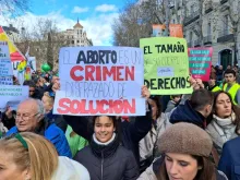 "Abortion is a crime disguised as a solution" and "The size of your body doesn't take away your rights" are among the signs held high by pro-life marchers in Madrid, Spain, on Sunday, March 10, 2024.