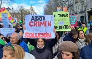 "Abortion is a crime disguised as a solution" and "The size of your body doesn't take away your rights" are among the signs held high by pro-life marchers in Madrid, Spain, on Sunday, March 10, 2024. Credit: Nicolás de Cárdenas/ACI Prensa