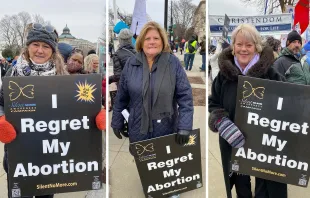 Three women at the 2022 March for Life who have struggled to cope with their decisions to have abortions shared their experiences with CNA. They are (left to right): Shelley, who declined to provide her full name; Jody Duffy, and Leslie Blackwell. Katie Yoder/CNA