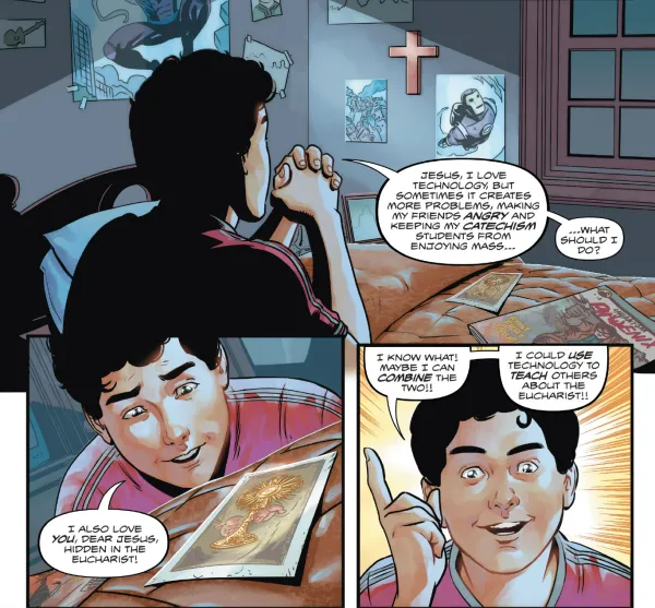 A scene from “Digital Disciple: Carlo Acutis and the Eucharist” written by Philip Kosloski, the founder of Voyage Comics & Publishing. Courtesy Voyage Comics & Publishing