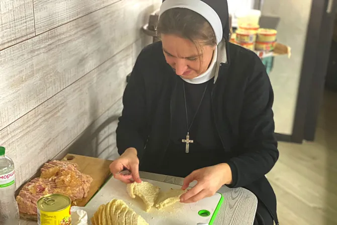 A religious sister prepares food for the civilian defenders of Kyiv, Ukraine.