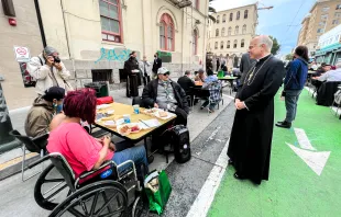 Archbishop Salvatore Cordileone meets with people experiencing homelessness at St. Anthony’s Dining Hall in San Francisco's Tenderloin neighborhood on Nov. 6, 2021. Dennis Callahan