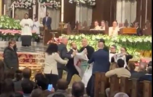 Protesters disrupt the Easter Vigil Mass at St. Patrick's Cathedral in New York City on March 30, 2024. Credit: XR NYC Palestine Solidarity
