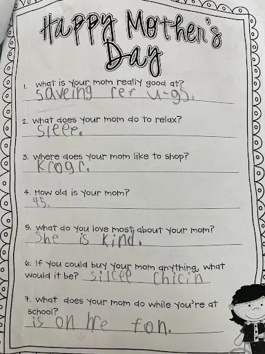 A Mother’s Day worksheet filled out by Sarah Teske’s five-year-old son Asher credits her work in Afghanistan. Courtesy of Sarah Teske