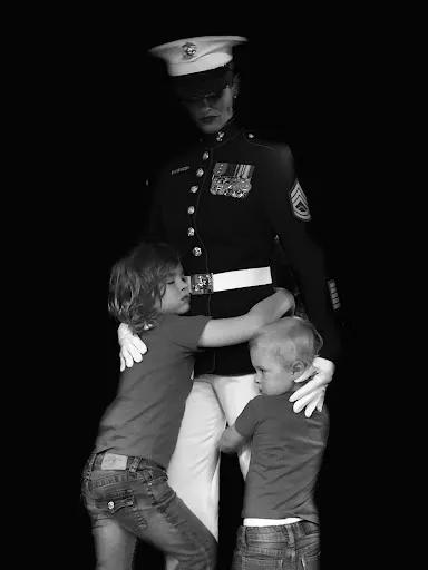 Retired U.S. Marine Corps Gunnery Sergeant Sarah Teske in 2021, with her two boys, Asher and Aden, then ages 4 and 7 and in the photo. Courtesy of Stephen Baldwin.