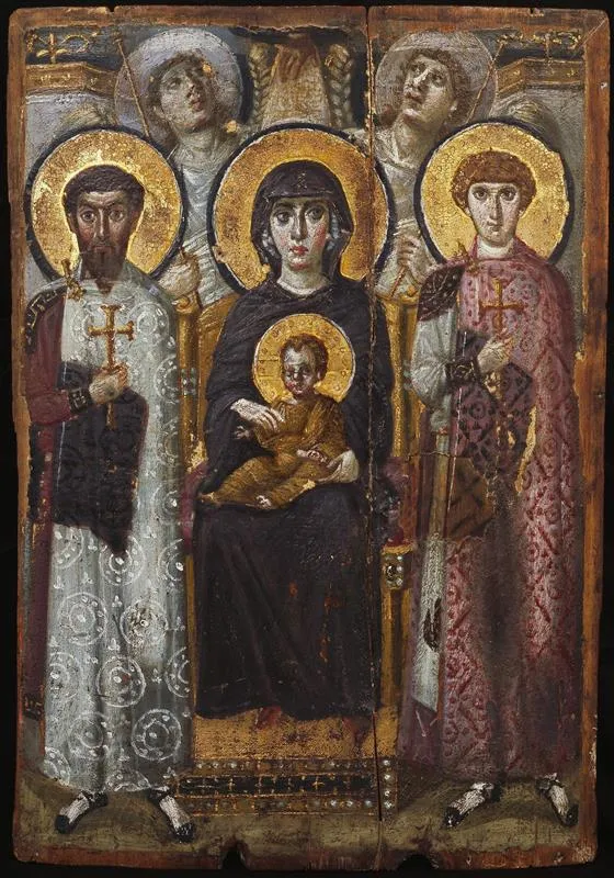 Icon with the Virgin and Child, saints, angels, and the hand of God, one of the oldest icons of the Blessed Virgin and Christ Child in existence, sixth century. Credit: Photo courtesy of The Met