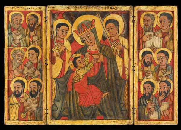 Panel painting with crowned nursing Virgin and the Twelve Apostles, Ethiopia, second half of 15th century. Credit: Photo courtesy of The Met
