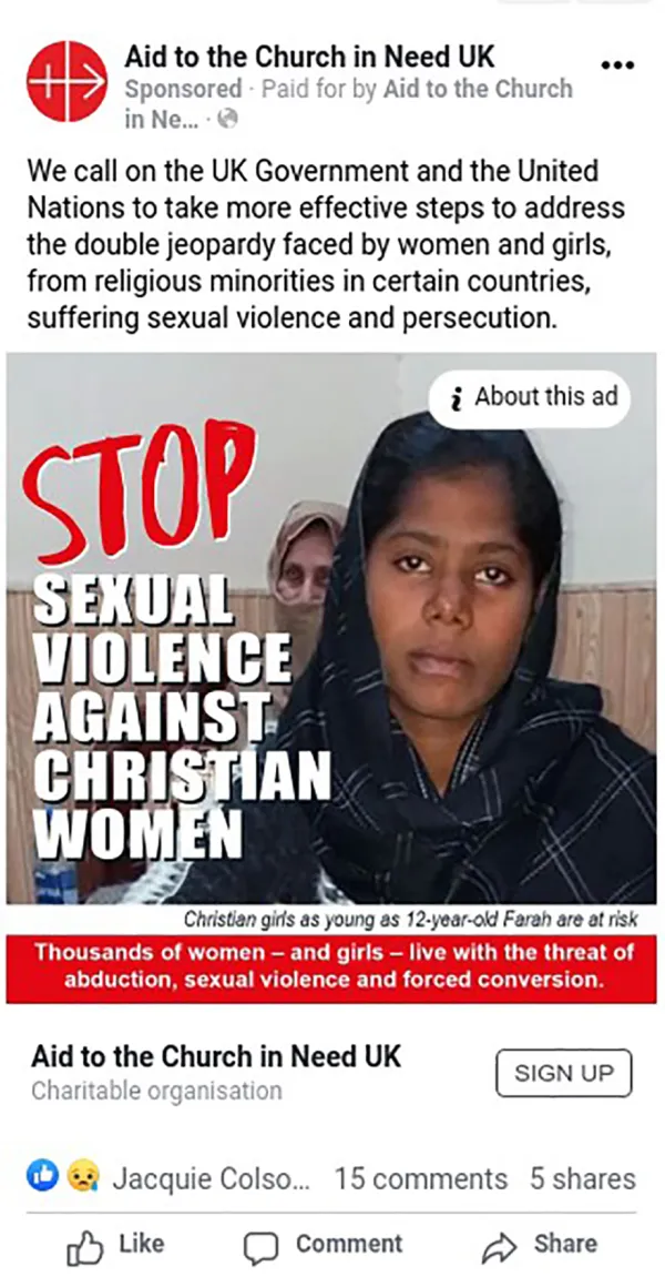 This is the advertisement that Aid to the Church in Need UK posted on Facebook in support of the charity's petition drive to help women and girls who are abducted and forced to convert and marry Islamic men. Courtesy of Aid to the Church in Need UK