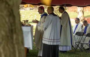 In commemoration of All Souls' Day, Arlington Bishop Michael Burbidge celebrated Mass at a Fairfax cemetery and blessed the gravesites of the priests buried there on Nov. 2, 2022. Photo credit: Diocese of Arlington