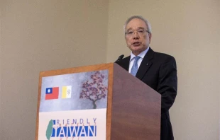 Taiwan’s Ambassador to the Holy See Matthew Lee speaks Oct. 5, 2023, at a reception with members of the diplomatic corps accredited to the Vatican. Lee underlined that “Taiwan will do whatever we can to remain on the road of peace.” Credit: Embassy of the Republic of China to the Holy See