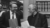 Former Auxiliary Bishop Thomas Gumbleton (right) meets with legislators in the Netherlands in 1983.