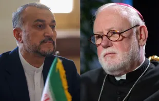 Iran’s minister of foreign affairs, Hossein Amir-Abdollahian, and Vatican foreign minister Archbishop Paul Gallagher. Credit: ATTA KENARE/AFP via Getty Images and Daniel Ibañez/CNA