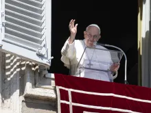 Pope Francis waves to the crowd in St. Peter's Square on March 5, 2023, during his Sunday Angelus reflection.