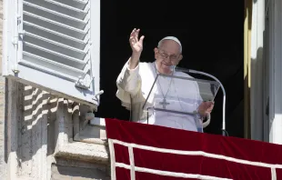 Pope Francis waves to the crowd in St. Peter's Square on March 5, 2023, during his Sunday Angelus reflection. Vatican Media