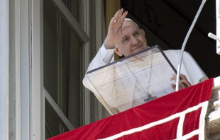Pope Francis waves to crowd gathered for the Angelus at St. Peter's Square on March 13, 2022. Vatican Media