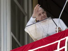 Pope Francis waves to crowd gathered for the Angelus at St. Peter's Square on March 13, 2022.