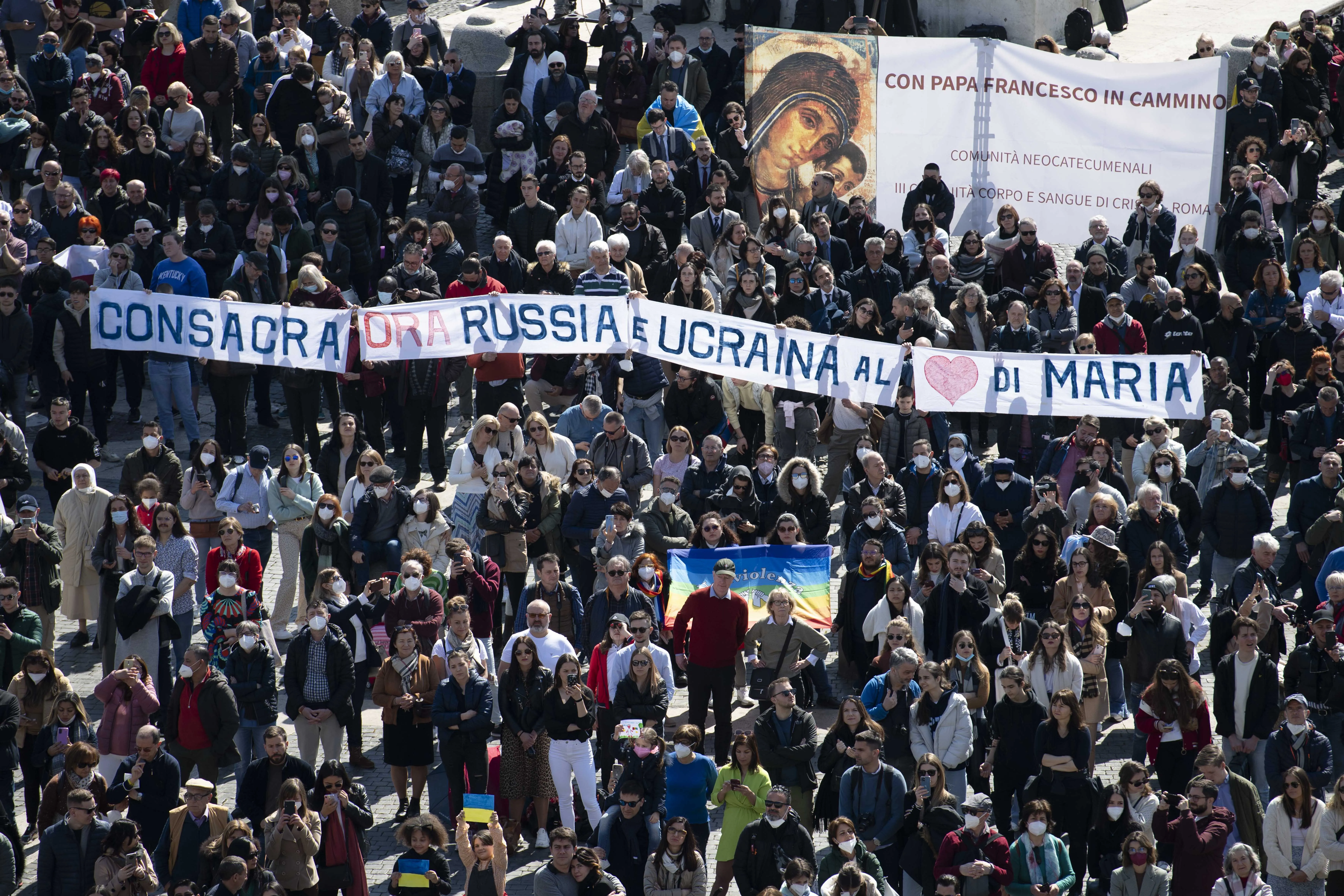 Banner calling for the consecration of Russia is displayed during Pope Francis' Angelus in St. Peter's Square on March 13, 2022.?w=200&h=150