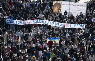 Banner calling for the consecration of Russia is displayed during Pope Francis' Angelus in St. Peter's Square on March 13, 2022. Vatican Media