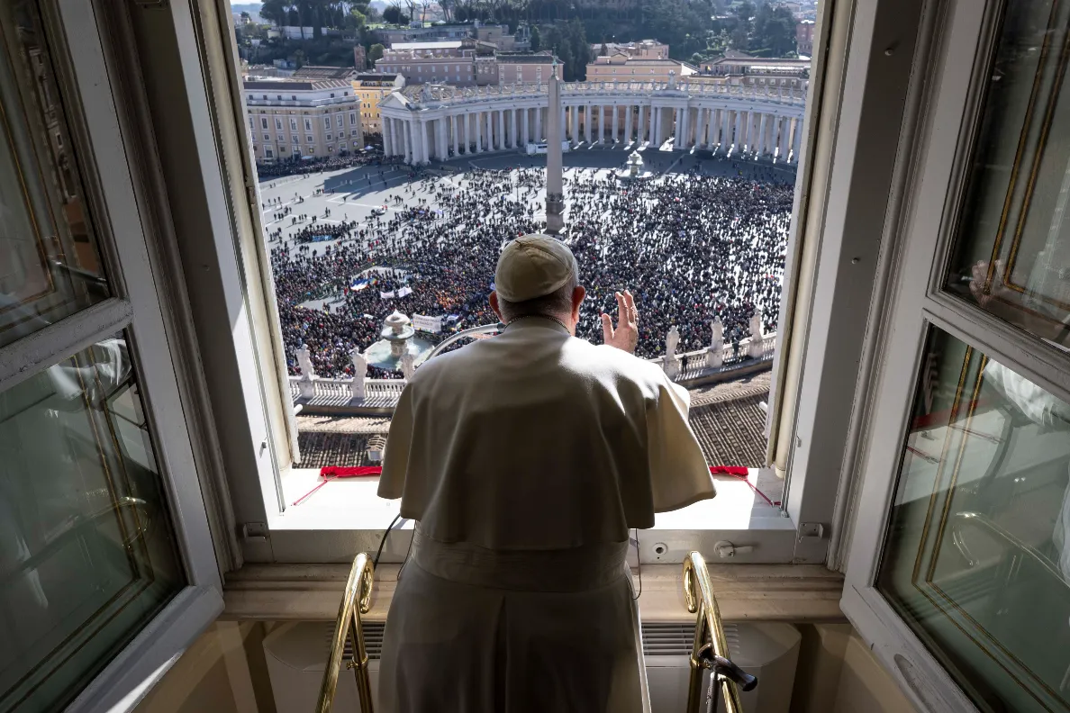 Pope Francis greets the crowd at his Sunday Angelus address on Jan. 29, 2023.?w=200&h=150