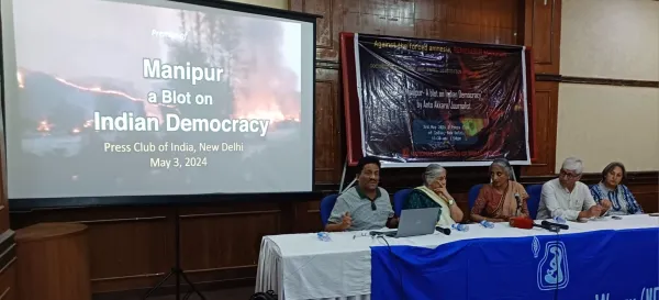 Anto Akkara's (seated at left) documentary film, "Manipur — A Blot on Indian Democracy," premieres at the Press Club of India, in New Delhi, on May 3, 2024. Credit: Photo courtesy of Anto Akkara