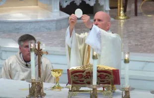Archbishop Samuel Aquila celebrates Mass at the Cathedral Basilica of the Immaculate Conception in Denver, Colo., on May 24, 2020. Screenshot from Archdiocese of Denver