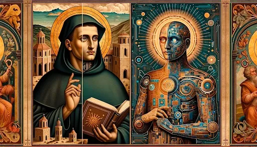 An illustration of the topic of Thomas Aquinas and AI created by DALL-E, a text-to-image model native to ChatGPT. Credit: DALL-E/OpenAI