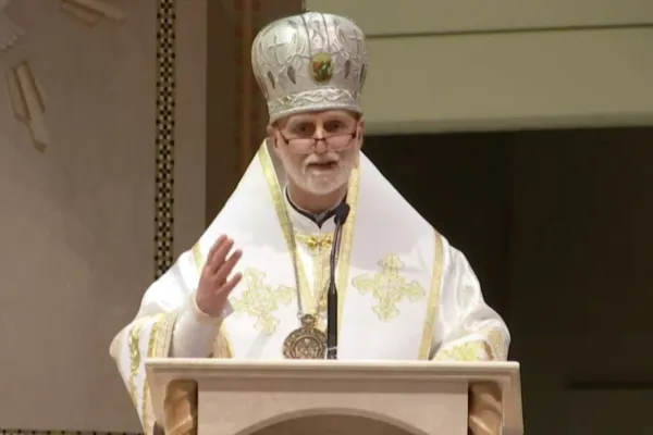 Archbishop Borys Gudziak preaches the homily during a March 25, 2022 Mass at Ss. Peter and Paul Cathedral in Philadelphia, following the consecration of Russia and Ukraine to the Immaculate Heart of Mary. Archdiocese of Philadelphia/Screenshot