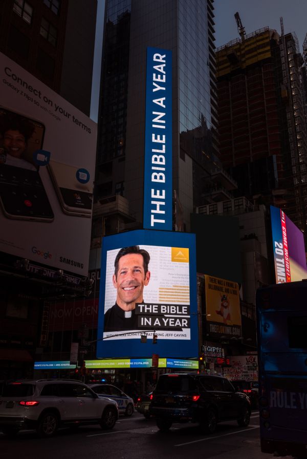 A "Bible in a Year" billboard was displayed above New York City's Times Square in December and January. Courtesy of Ascension