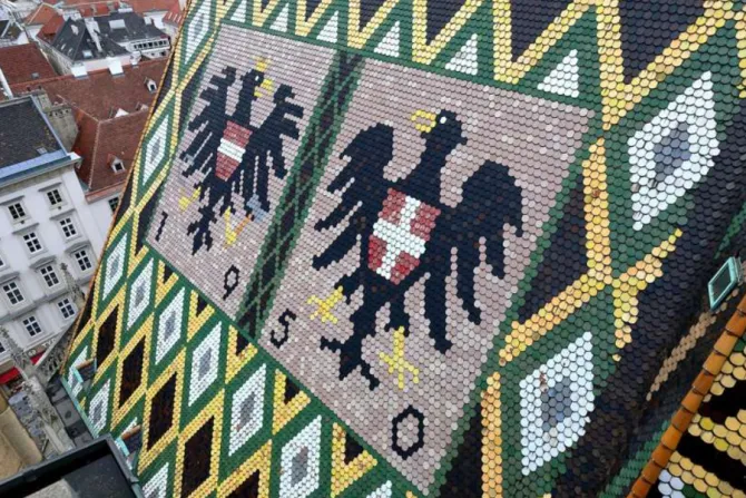 The coat of arms of Austria and Vienna on the Albertine choir roof of St. Stephen’s Cathedral