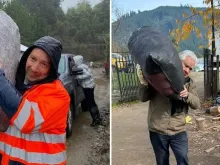 Father Alex Troncoso (left) and Father Bernardo Benegas (right) bring in supplies for flood victims in the Maule region of Chile, which experienced devastating floods in June 2023.