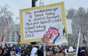 A sign features St. Teresa of Calcutta (Mother Teresa) at the 51st March for Life, Friday, Jan. 19, 2024. Credit: Christina Herrera/EWTN News